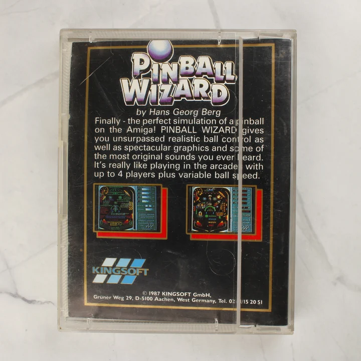 A Pinball Wizard Amiga játék tokjának hátlapja a leírással és képernyőképekkel