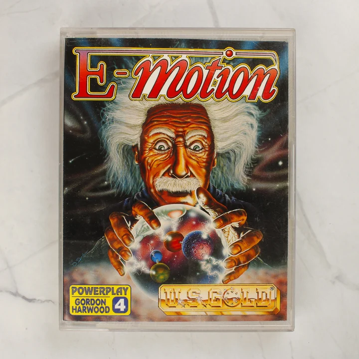 E-Motion Amiga játék tok előlap Az E-Motion Commodore Amiga videójáték tokjának előlapja Albert Einstein ábrázolásával
