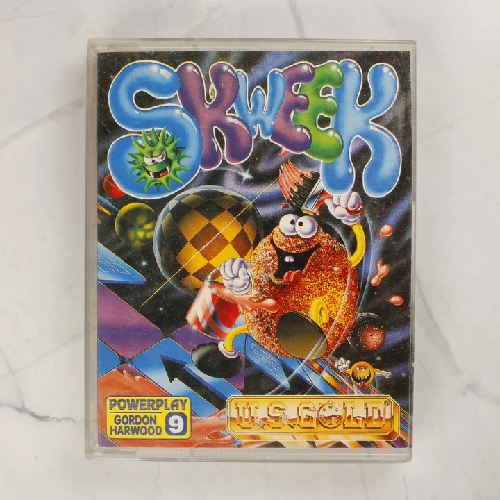 Skweek Amiga játék tok előlap A Skweek Commodore Amiga játék tokjának előlapja színes illusztrációval