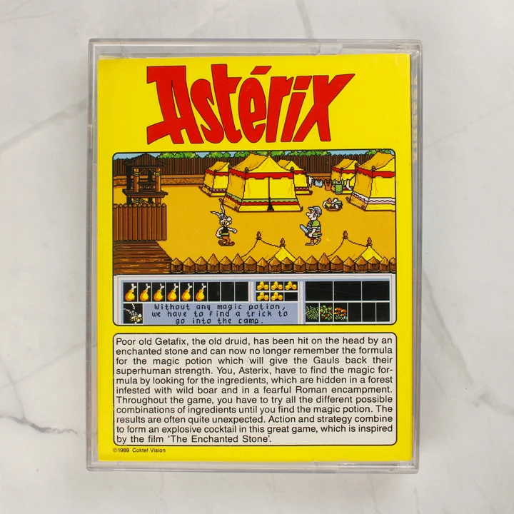 Az Asterix: Operation Getafix Amiga videójáték hátlapi borítója a leírással és képernyőképpel
