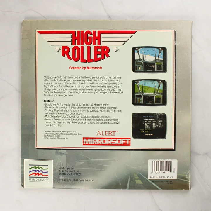 A High Roller Commodore 64 játék dobozának hátoldala leírással és képernyőképekkel