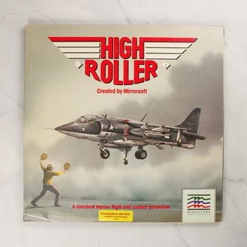 A High Roller Commodore 64 videójáték színes előlapi borítója egy Harrier vadászgéppel