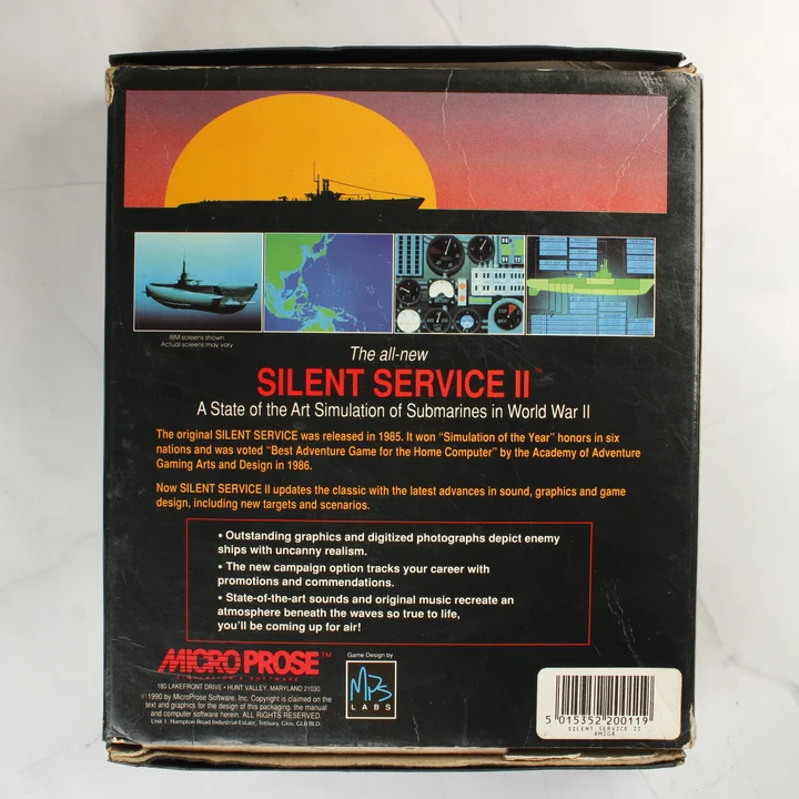 Silent Service II Amiga doboz hátlap Silent Service II Amiga játék dobozának hátoldala