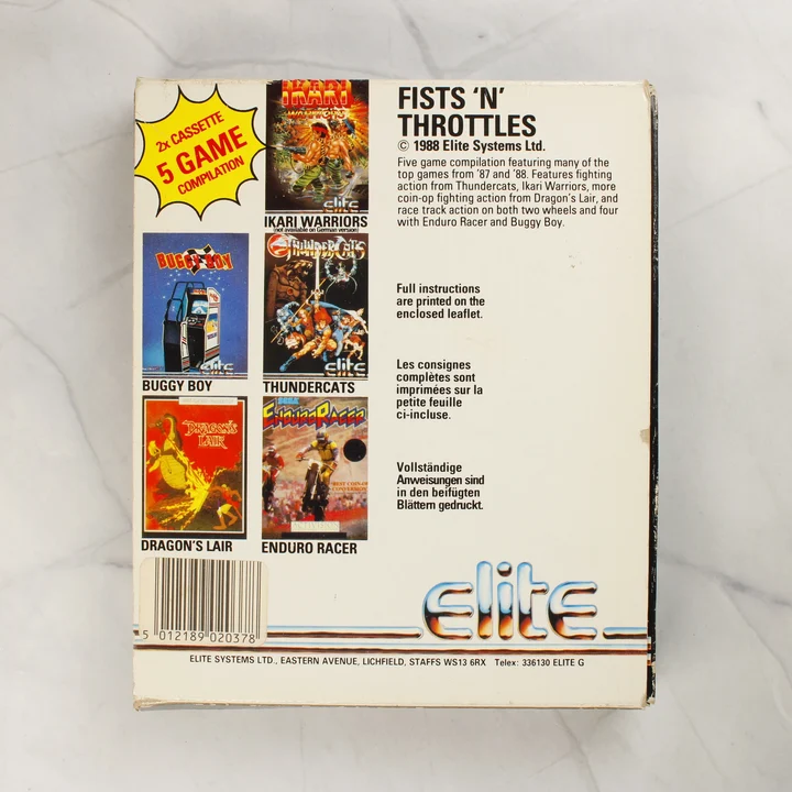 A Fists 'N' Throttles Commodore 64 játékgyűjtemény kartondobozának hátlapja a játékok képeivel