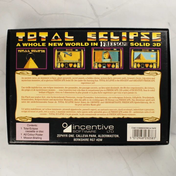 Total Eclipse Commodore 64 doboz hátlap A játék dobozának hátoldala képernyőképekkel és leírással