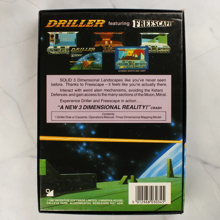 Driller Commodore 64 doboz hátlap A Driller játék dobozának hátoldala képernyőképekkel és leírással