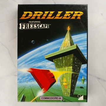 A Driller Commodore 64-es kiadásának színes illusztrációval ellátott doboza