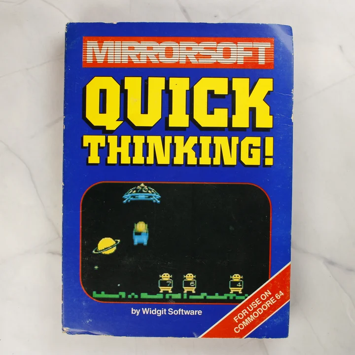 Quick Thinking! Commodore 64 borító A Quick Thinking! videójáték kék színű kartonborítójának előlapja