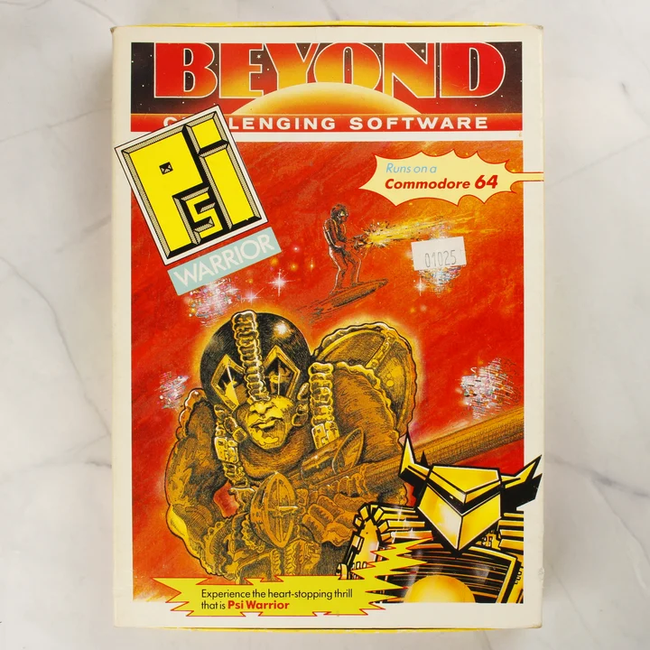 Psi Warrior doboz előlapja A Psi Warrior Commodore 64 játék színes illusztrációval ellátott dobozának előlapja