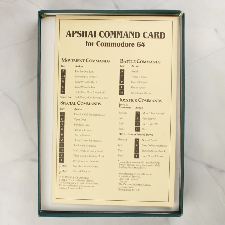 Temple of Apshai parancskártya Sárgás színű parancskártya a Commodore 64-es irányításhoz