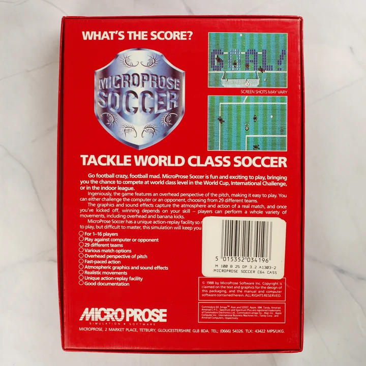MicroProse Soccer doboz hátlap MicroProse Soccer Commodore 64 játék dobozának hátoldala leírással és képernyőképekkel