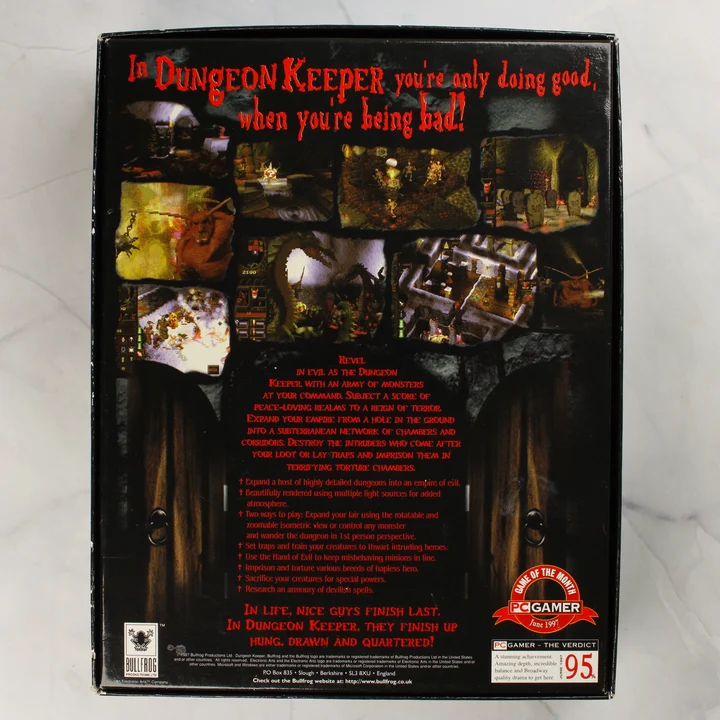 Dungeon Keeper nagydobozos PC játék hátlapja leírásokkal és képekkel
