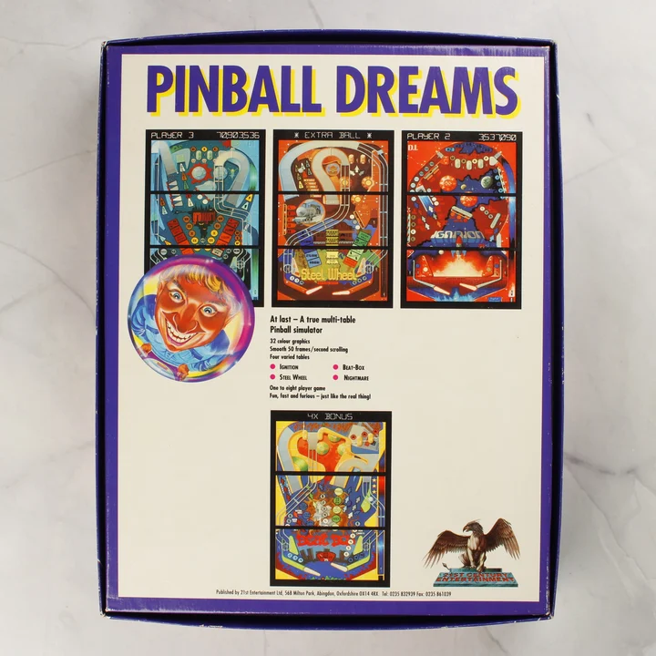Pinball Dreams Amiga doboz hátoldala A Pinball Dreams játék dobozának hátoldala képernyőképekkel és leírással