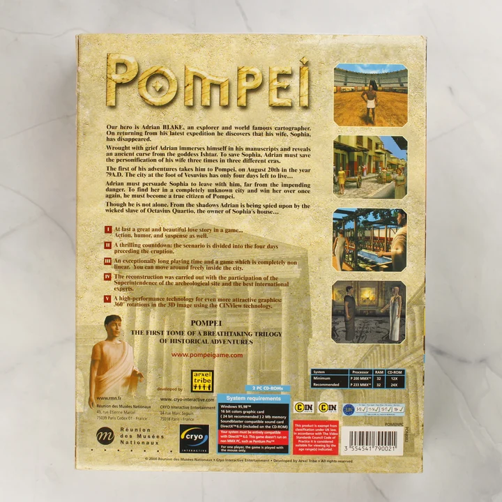 Pompei PC játék doboz hátoldala A Pompei: The Legend of Vesuvius PC játék dobozának hátoldala a leírással és rendszerkövetelményekkel