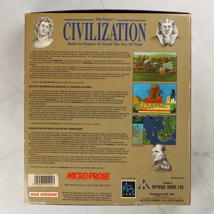 A Sid Meier's Civilization Amiga 1200 AGA verziós játék dobozának hátlapja