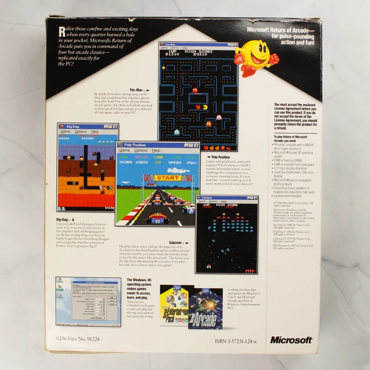 A Microsoft Return of Arcade dobozának hátoldala játékmenet-képekkel és leírásokkal