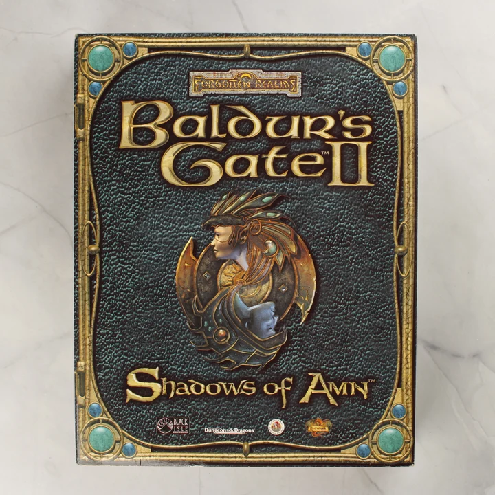 Baldur's Gate II Shadows of Amn nagydoboz előlap A Baldur's Gate II: Shadows of Amn PC-s játék nagydobozos kiadásának előlapja