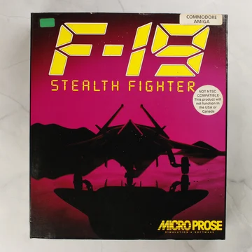 Az F-19 Stealth Fighter Commodore Amiga játék dobozának előlapja a vadászgép sziluettjével
