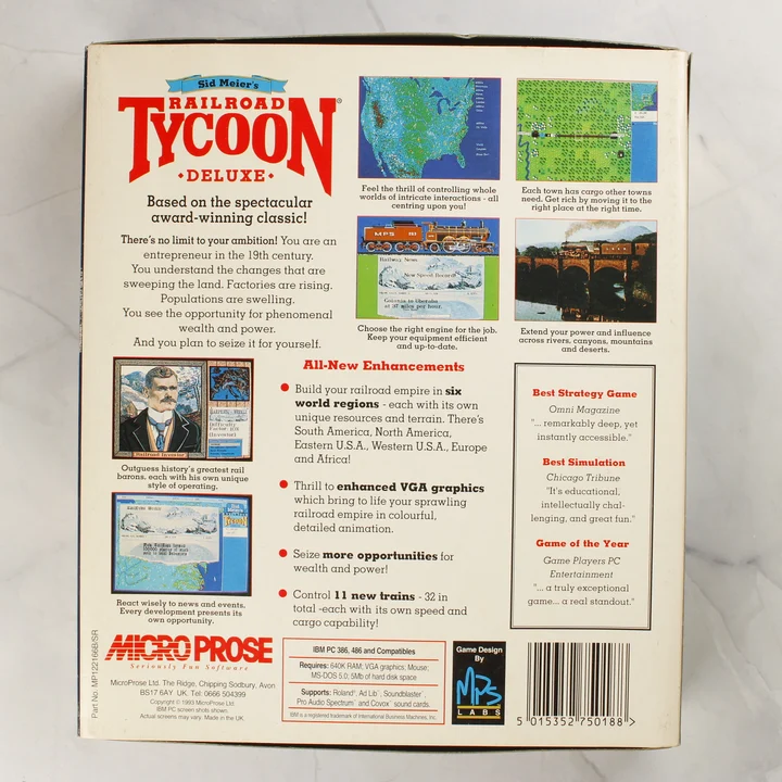 A Railroad Tycoon Deluxe játék dobozának hátoldala játékmenet-képekkel és leírással
