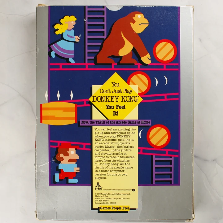 A Donkey Kong videójáték papírdobozának hátoldala leírással