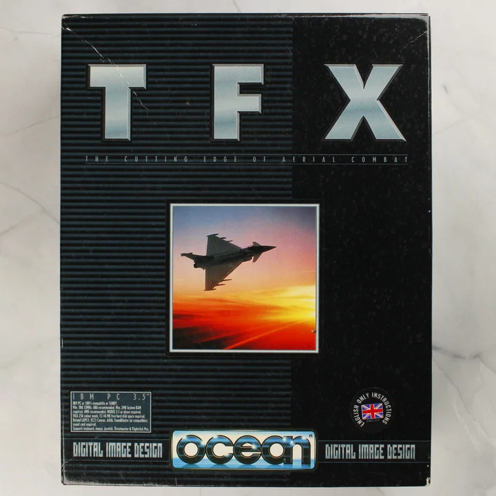 TFX nagydobozos PC játék A TFX PC-s játék nagydobozának előlapja egy vadászgép képével