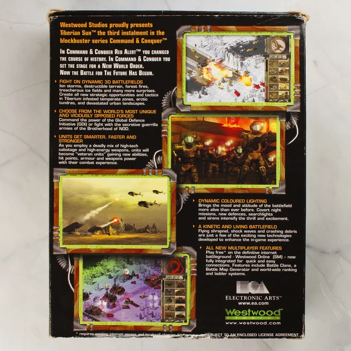 Command & Conquer Tiberian Sun doboz hátlap A Command & Conquer: Tiberian Sun dobozának hátoldala játékmenet-képekkel
