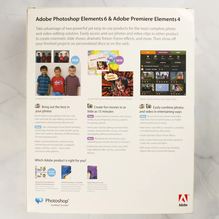 Adobe Photoshop Elements 6 és Premiere Elements 4 dobozának hátoldala a funkciók leírásával