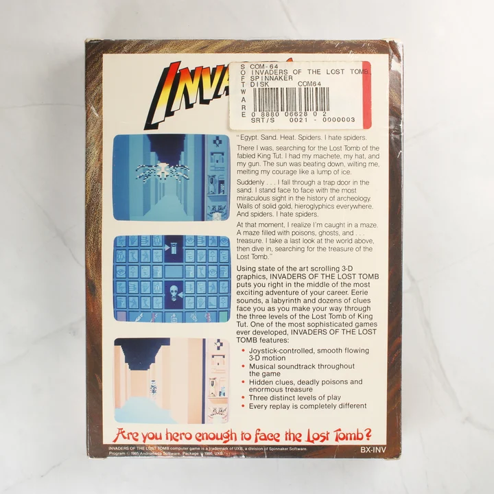 Invaders of the Lost Tomb C64 doboz hátlap Az Invaders of the Lost Tomb Commodore 64 játék dobozának hátoldala