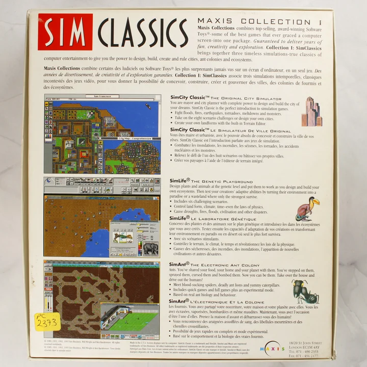 Sim Classics doboz hátlap A Maxis Collections I: Sim Classics dobozának hátoldala a játékok leírásával