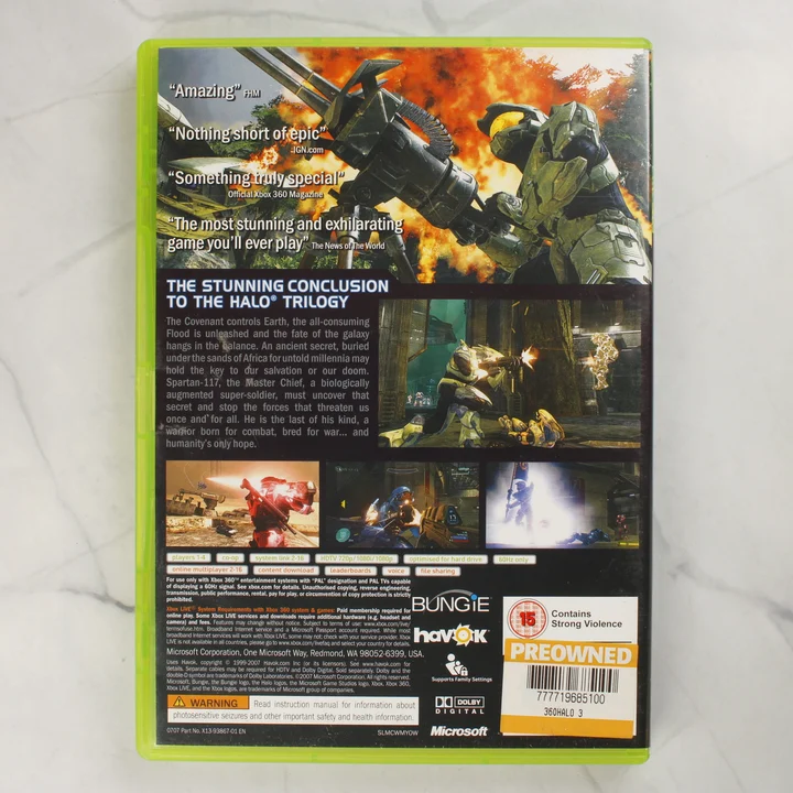 Halo 3 Xbox 360 játék hátlap A Halo 3 Xbox 360 videójáték tokjának hátoldala leírással és képekkel