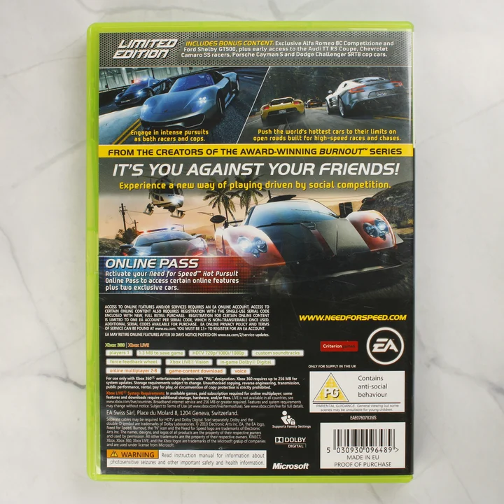 Need for Speed Hot Pursuit Limited Edition Xbox 360 hátlap A Need for Speed Hot Pursuit Limited Edition Xbox 360 játék hátsó borítója a részletekkel és a vonalkóddal