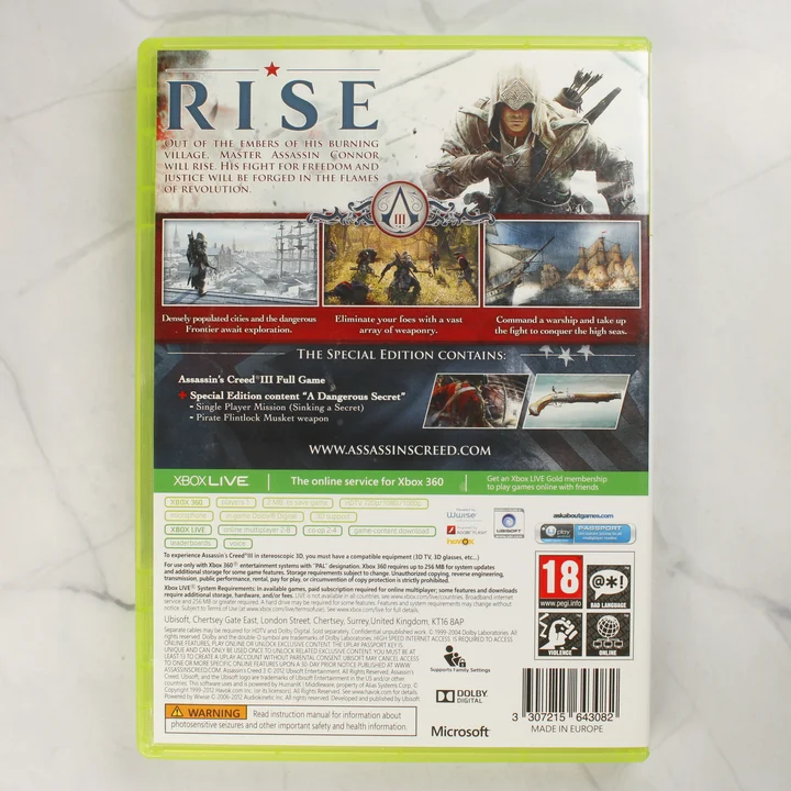 Assassin's Creed III Special Edition Xbox 360 játék tokjának hátlapja