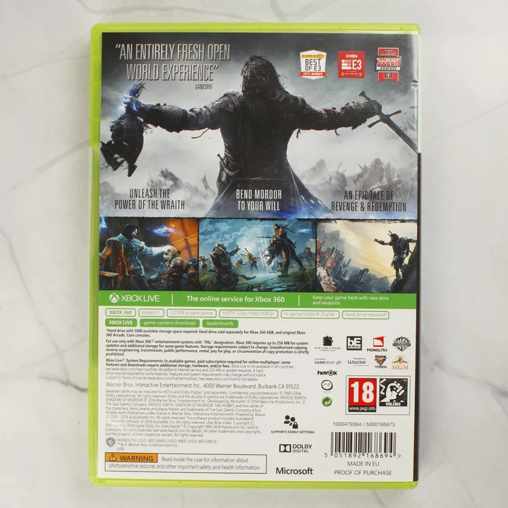 Middle-earth: Shadow of Mordor Xbox 360 játék tokjának hátlapja
