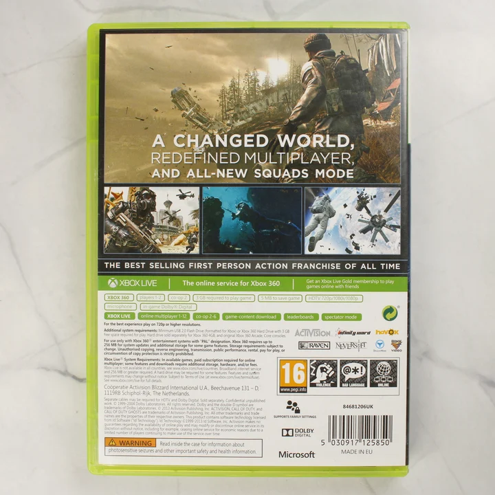 A Call of Duty: Ghosts Xbox 360 videójáték tokjának hátlapja