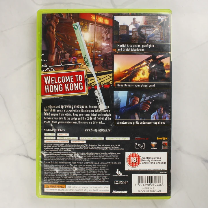 Sleeping Dogs Xbox 360 hátlap A Sleeping Dogs Xbox 360 játék tokjának hátlapja leírással és képekkel