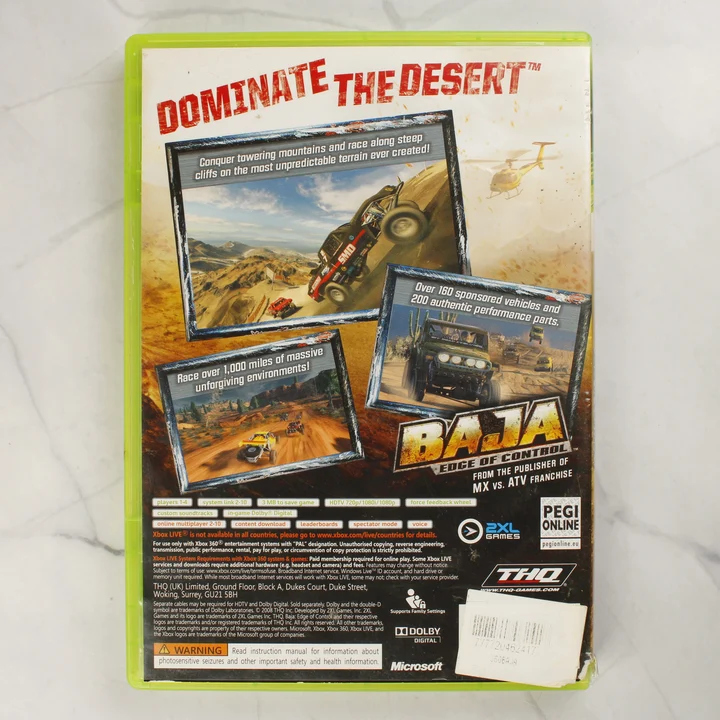 Baja: Edge of Control Xbox 360 videójáték tokjának hátlapja leírással és képekkel