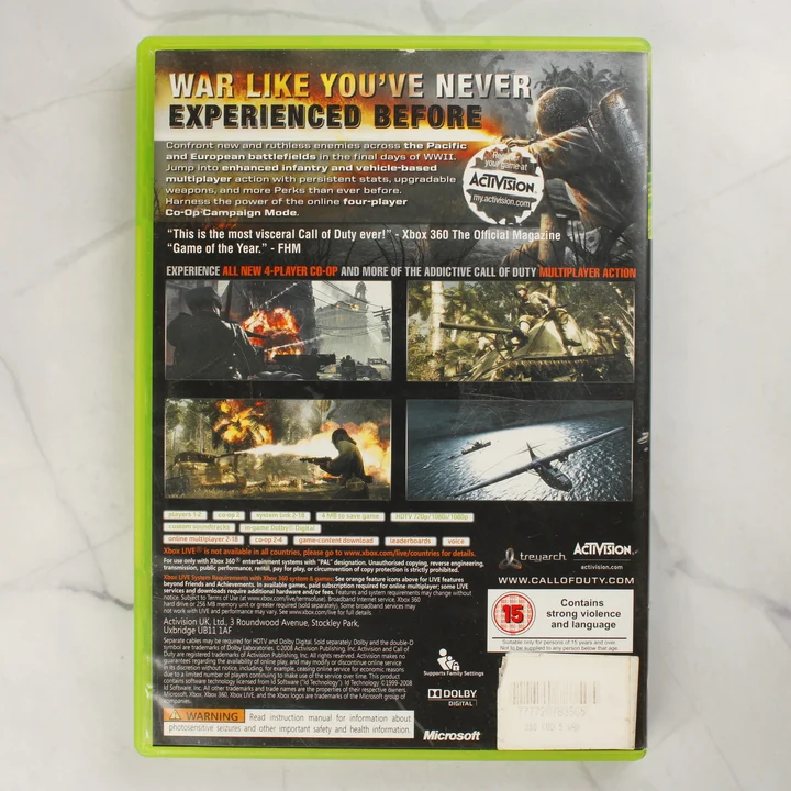 Call of Duty: World at War Xbox 360 hátlap A Call of Duty: World at War Xbox 360 játék hátlapi borítója részletekkel