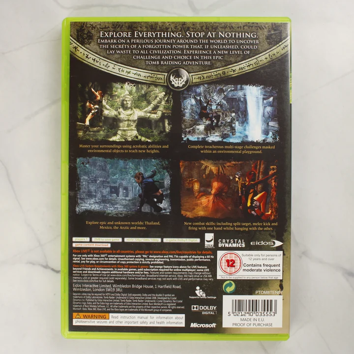 Tomb Raider Underworld Xbox 360 játék tokjának hátlapja játékmenet képekkel és leírással