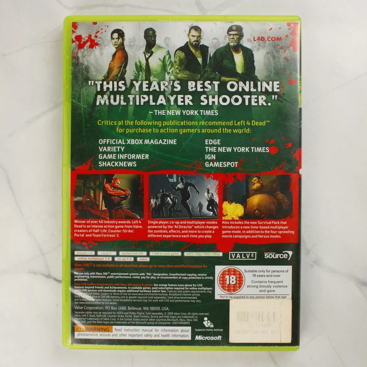 Left 4 Dead Game of the Year Edition Xbox 360 játék tokjának hátoldala