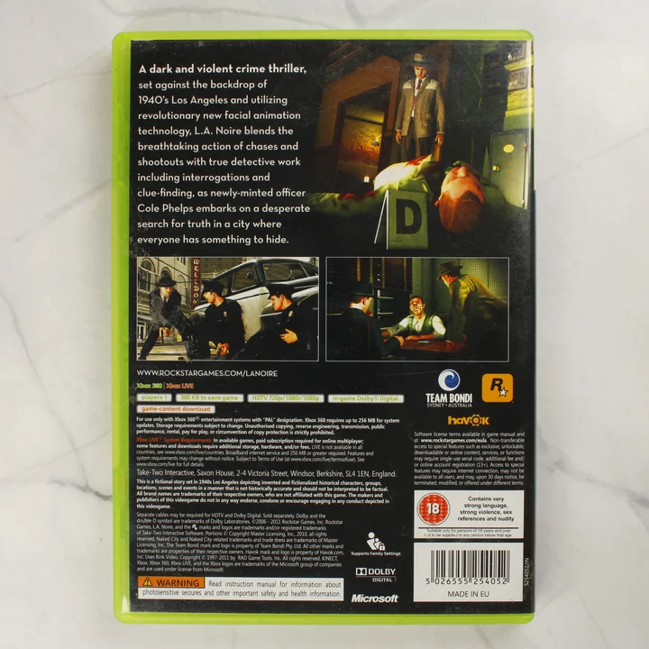 L.A. Noire Xbox 360 hátlap Az L.A. Noire Xbox 360 játék tokjának hátlapja leírással és képekkel