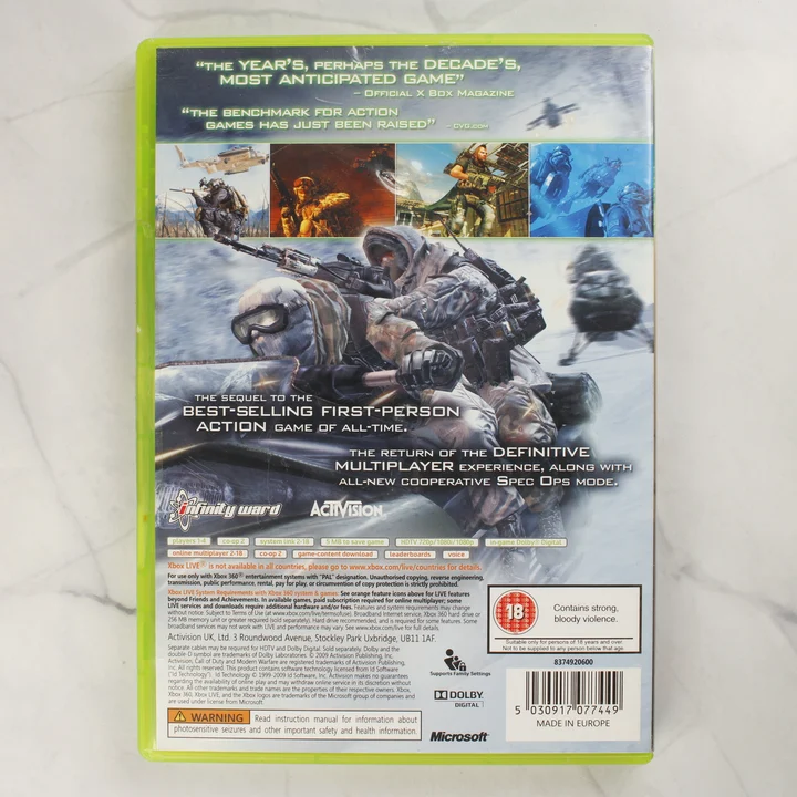 Call of Duty: Modern Warfare 2 Xbox 360 hátlap Call of Duty: Modern Warfare 2 Xbox 360 játék tokjának hátlapja leírással