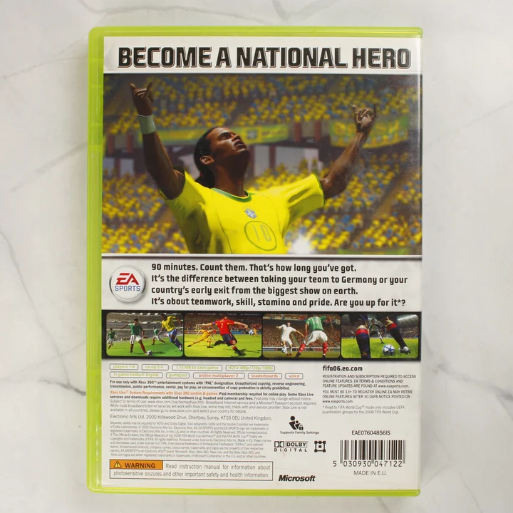 A FIFA 06: Road to FIFA World Cup Xbox 360 játék hátlapi borítója leírással és vonalkóddal