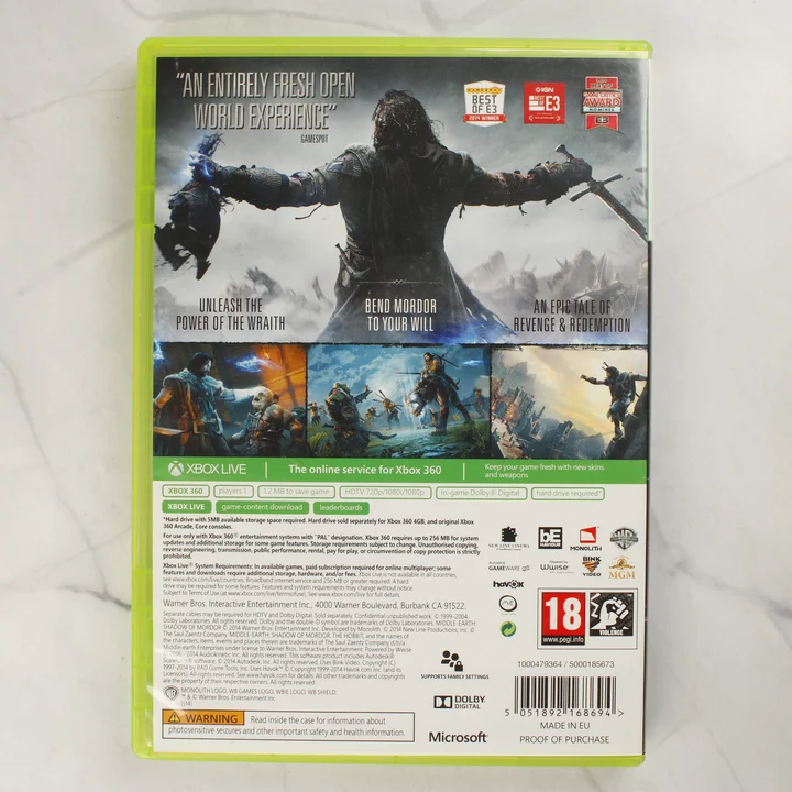 A Middle-earth: Shadow of Mordor Xbox 360 játék hátlapi borítója a részletekkel