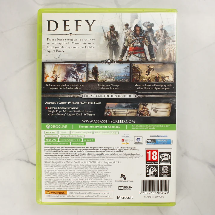 Az Assassin's Creed IV Black Flag Special Edition Xbox 360 játék hátlapja a részletekkel és vonalkóddal