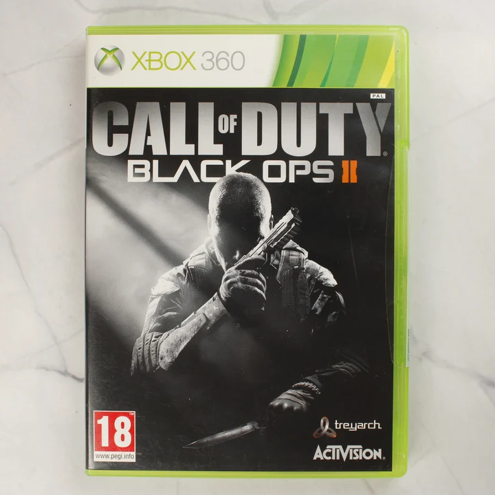 Call of Duty Black Ops II Xbox 360 előlap A Call of Duty: Black Ops II Xbox 360 játék előlapi borítója a zöld tokban