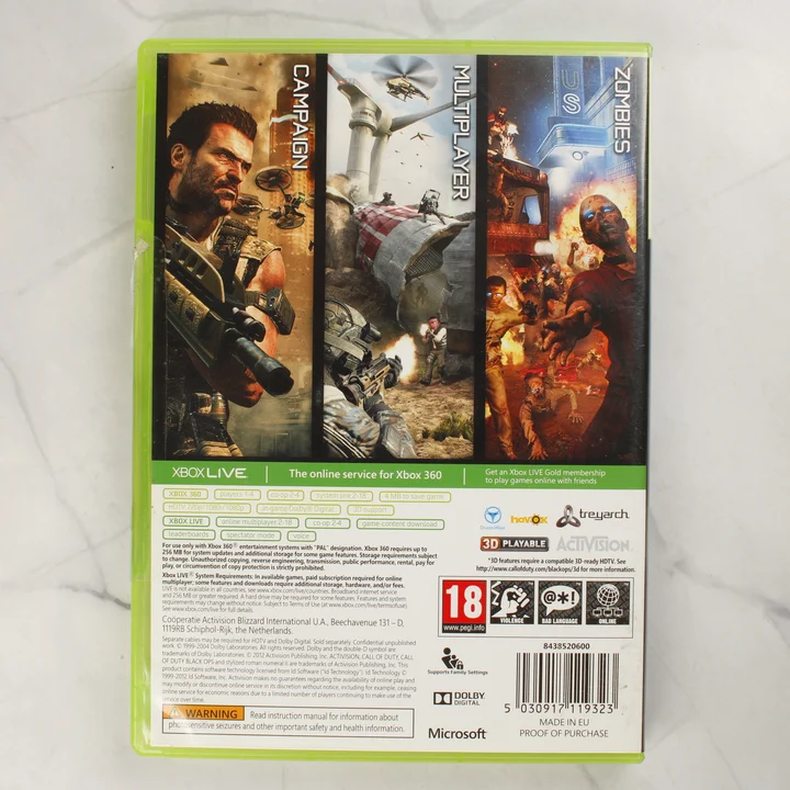 Call of Duty Black Ops II Xbox 360 hátlap A Call of Duty: Black Ops II Xbox 360 játék hátlapi borítója a részletekkel