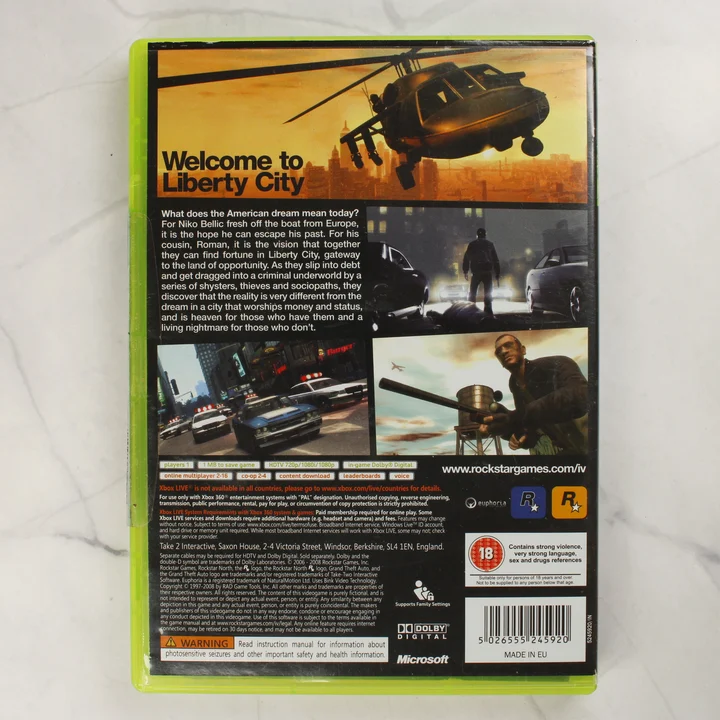 A Grand Theft Auto IV Xbox 360 videójáték tokjának hátlapja