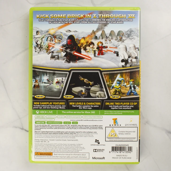 A LEGO Star Wars: The Complete Saga Xbox 360 játék hátlapi borítója a részletekkel