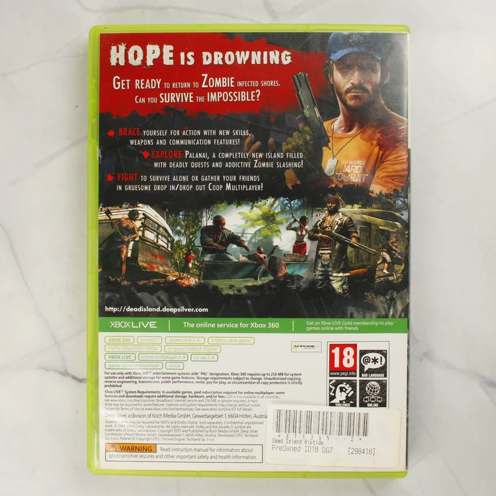 Dead Island Riptide Xbox 360 játék tokjának hátlapja leírással és matricával
