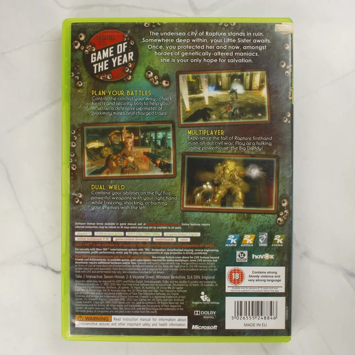 A BioShock 2 Xbox 360 játék hátoldali borítója a részletekkel